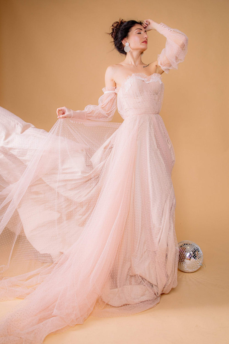 Off-the-shoulder Tulle Polka Dot Cute Wedding Ballgown - VQ