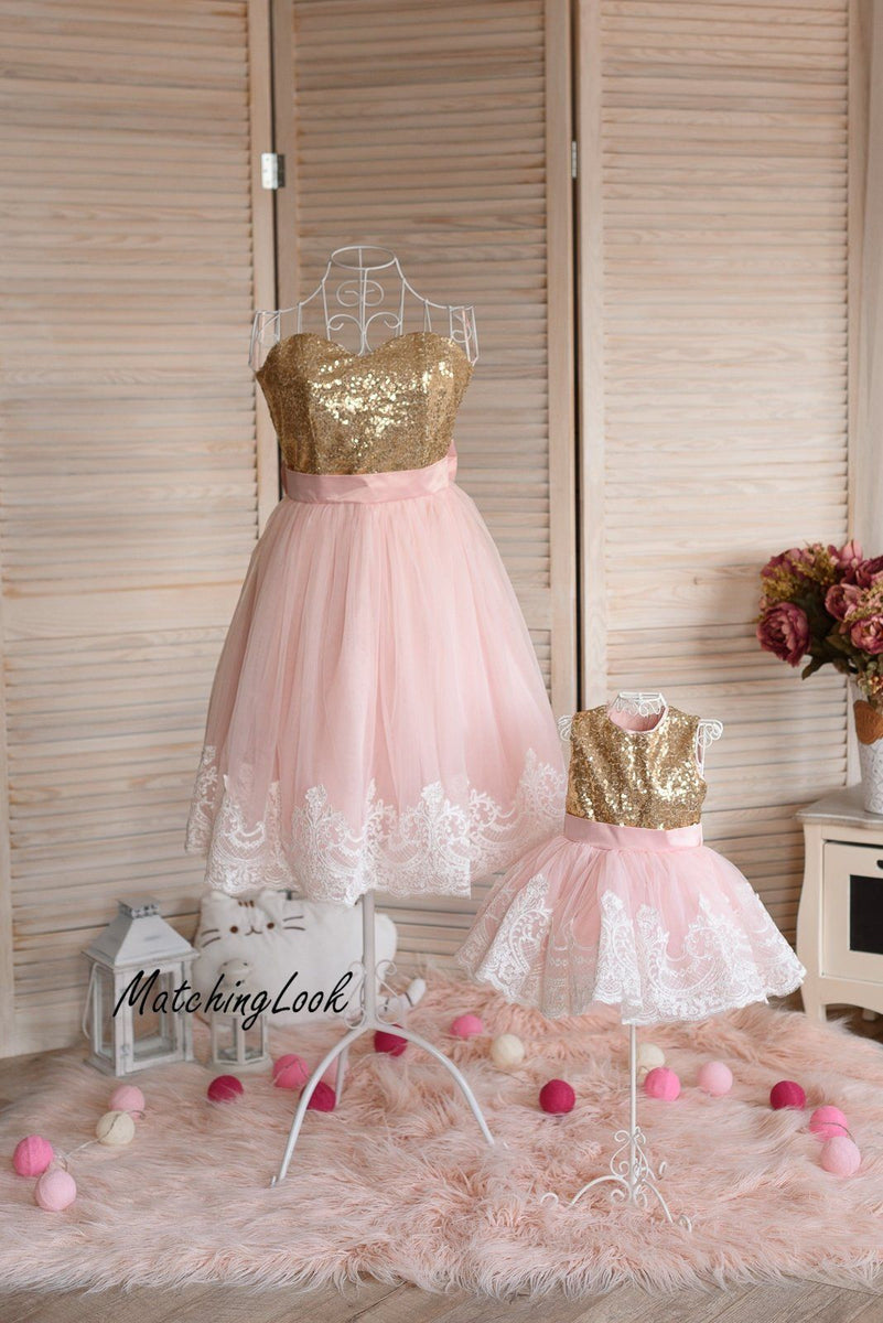 Gold Sequin Pink Tulle Dress