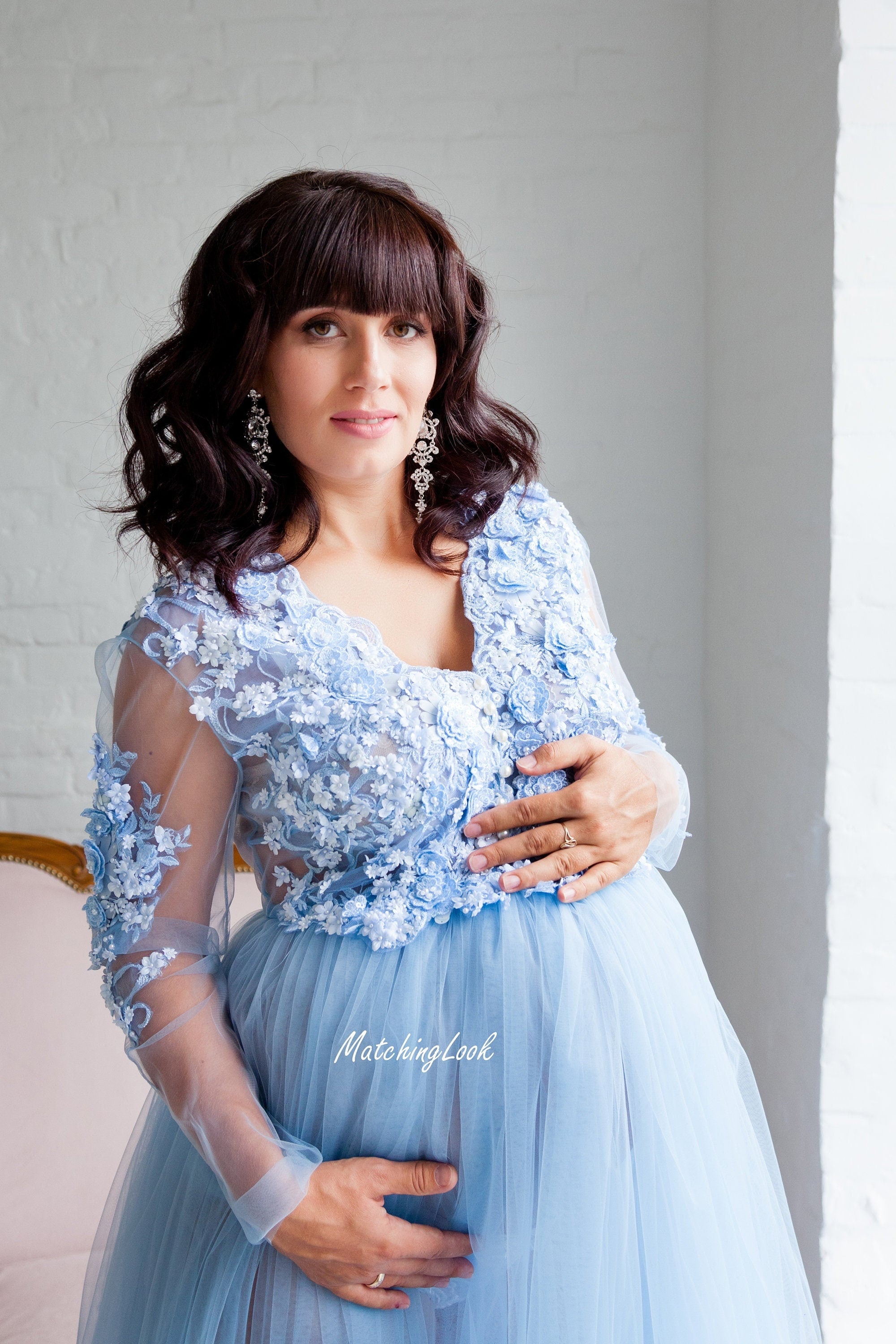 Blue Maternity Dress For Baby Shower, Maternity Photoshoot Dresses, Bl