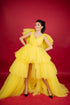 Yellow Tulle Dress, Fall Style, Boudoir Dressing Gown, Tulle Frilled Robe, Gala Gown, Photoshoot Dress, Tiered Cape, Ruffle Gown Dress