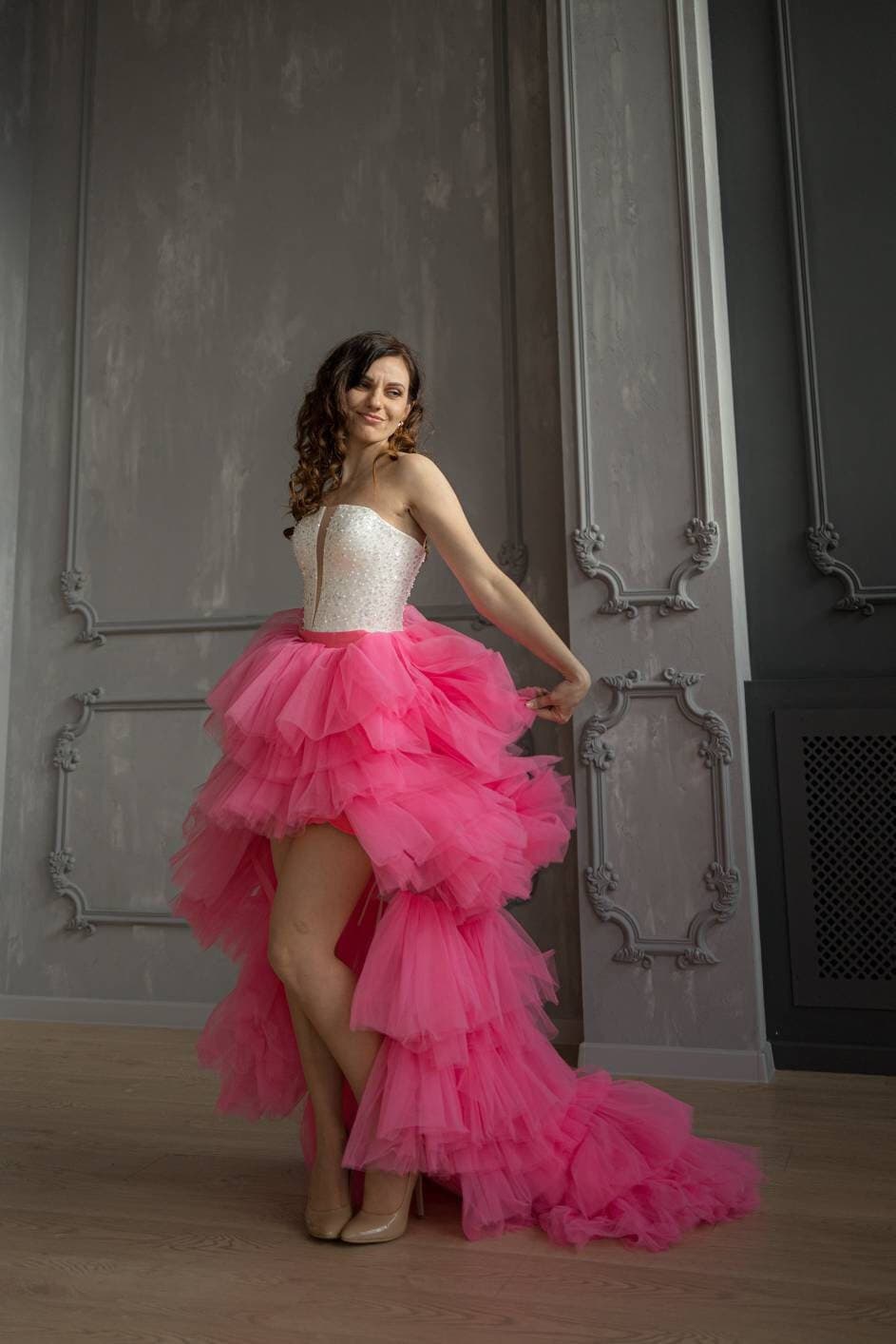 Hot Pink Tulle Skirt High Low Skirt Tiered Bridal Gown Formal Maxi