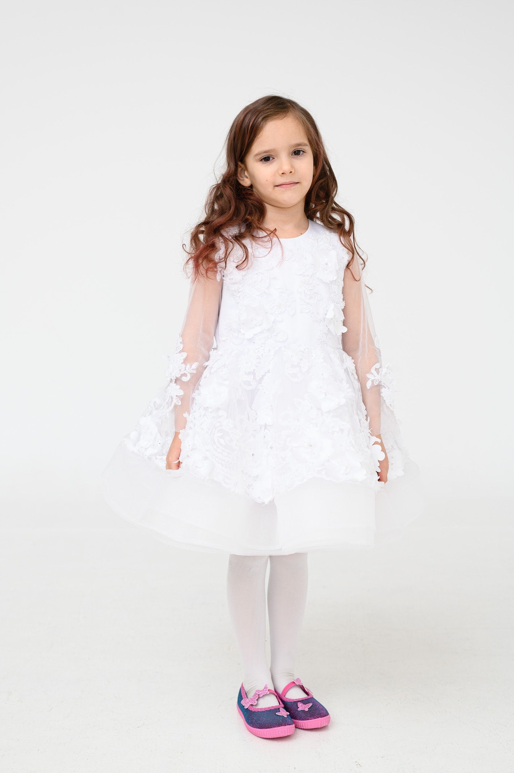 White Baptism Dress, Christening Toddler Dress, 3D Lace Dress, Baby Bl