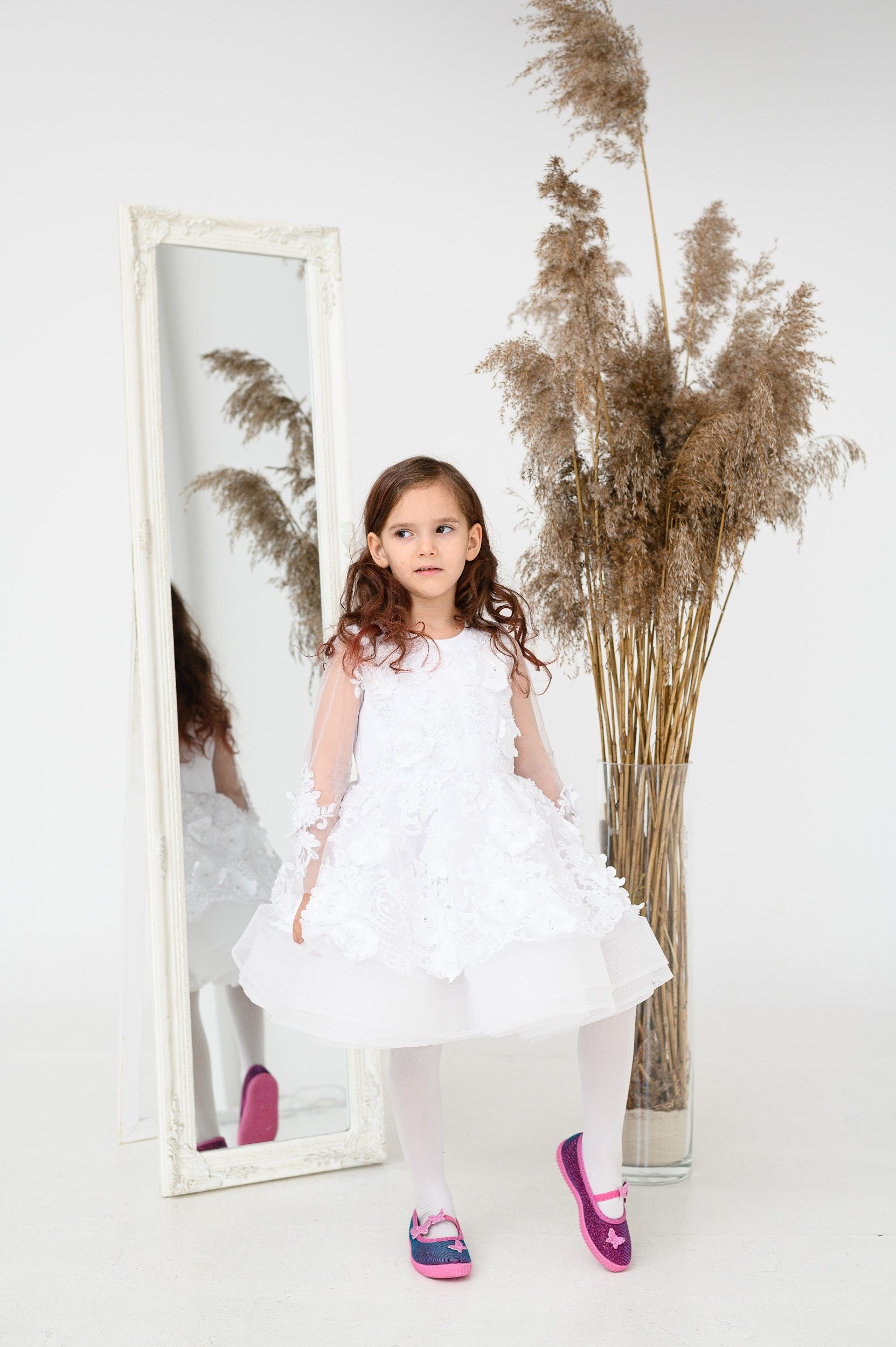 White Baptism Dress, Christening Toddler Dress, 3D Lace Dress, Baby Bl