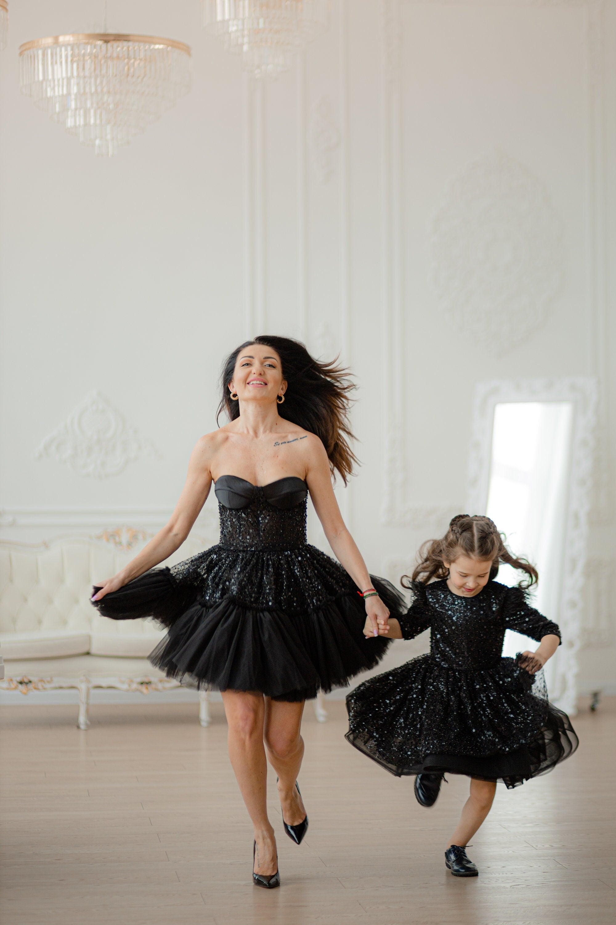 Matchinglook Ready to Ship Mommy and Me Formal Outfit Black Sparkly Party Dress Photoshoot Dresses Occasion Dress S Adult and 5 6 7 8 Years Girl S 5 Years