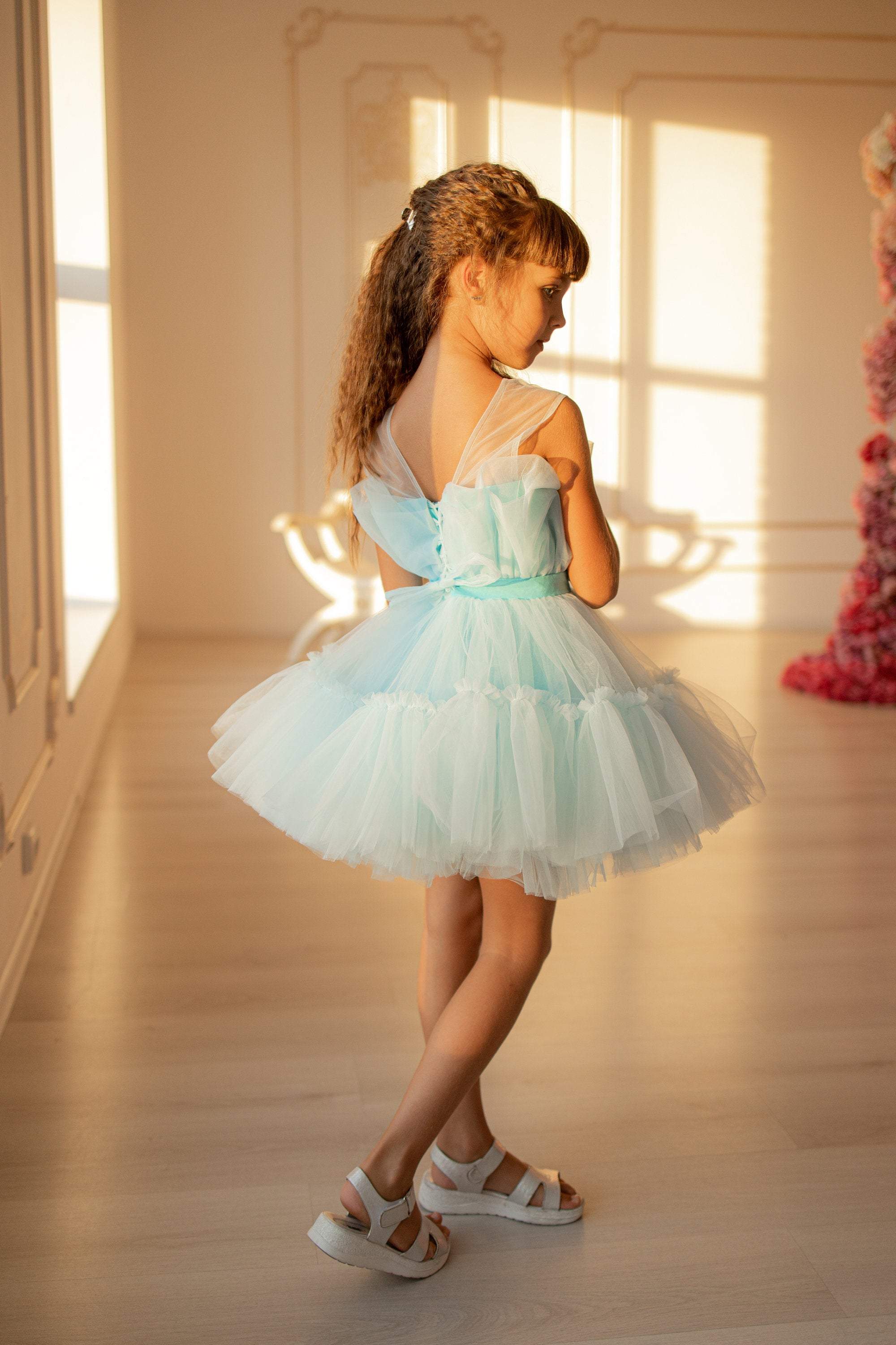 Buy Mini Stitch Frilled Body and 3D Flower Party Frock with Shimmer for  Girls-Sky Blue online