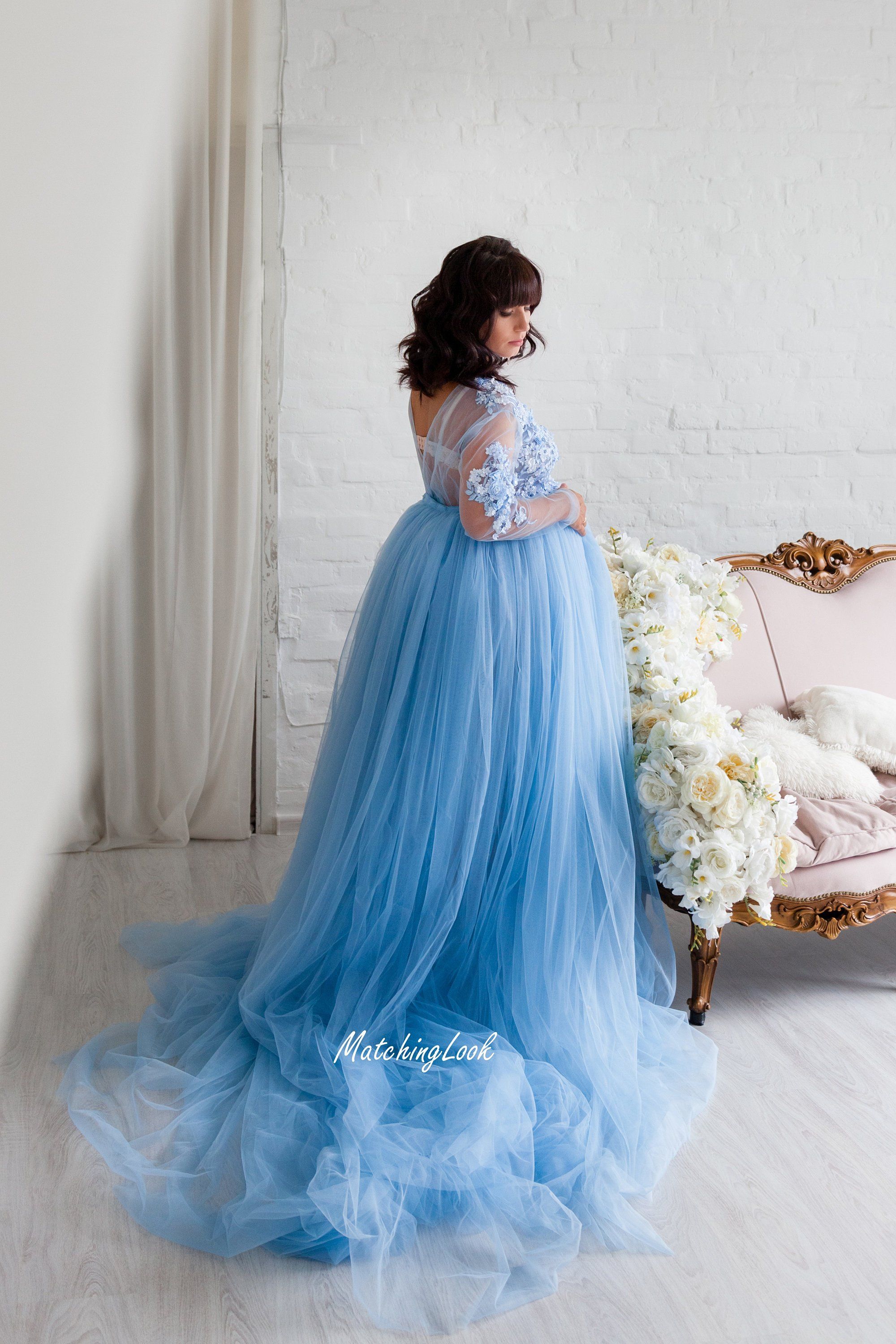 Baby Blue Maternity Lace Blue Dress for photoshoot