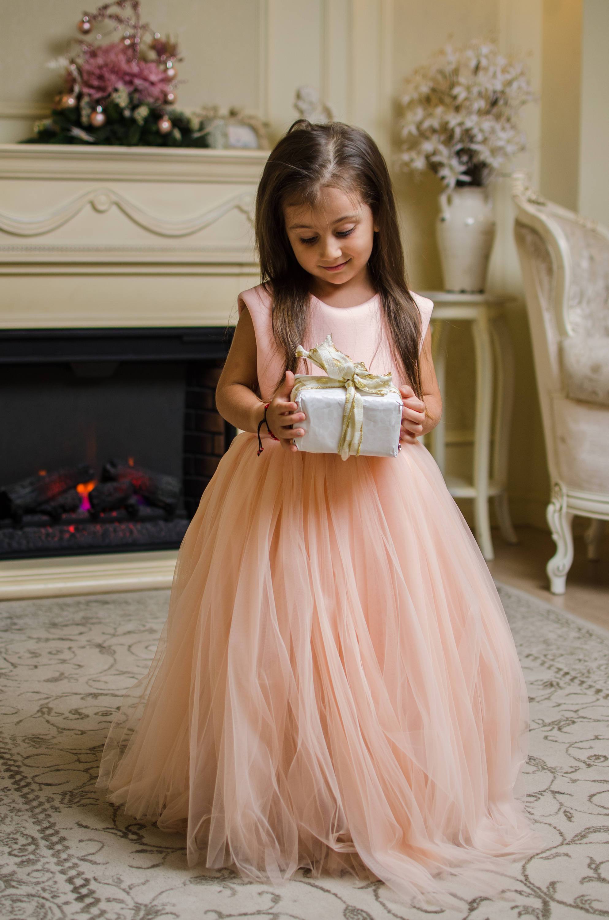 Birthday Dress - Girls Party Wear Beige Color Layered Gown