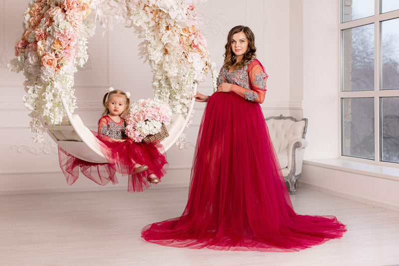 Mini Me (Mother-Daughter) Red Trail Maternity Photoshoot Gown