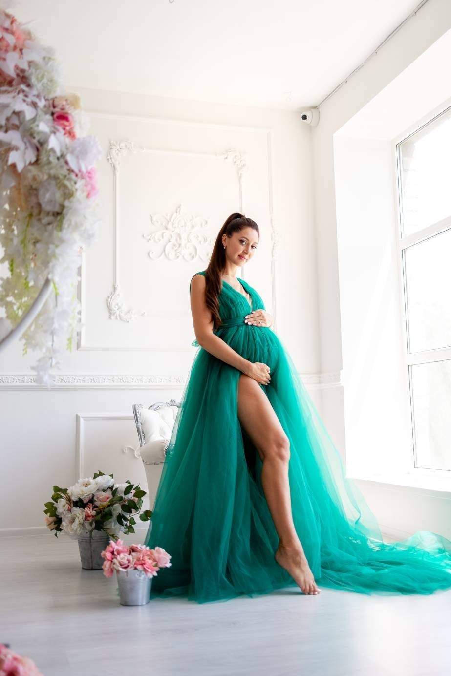 Emerald Green Maternity Dress, Photoshoot Dress, Empire Waist Boho Dre