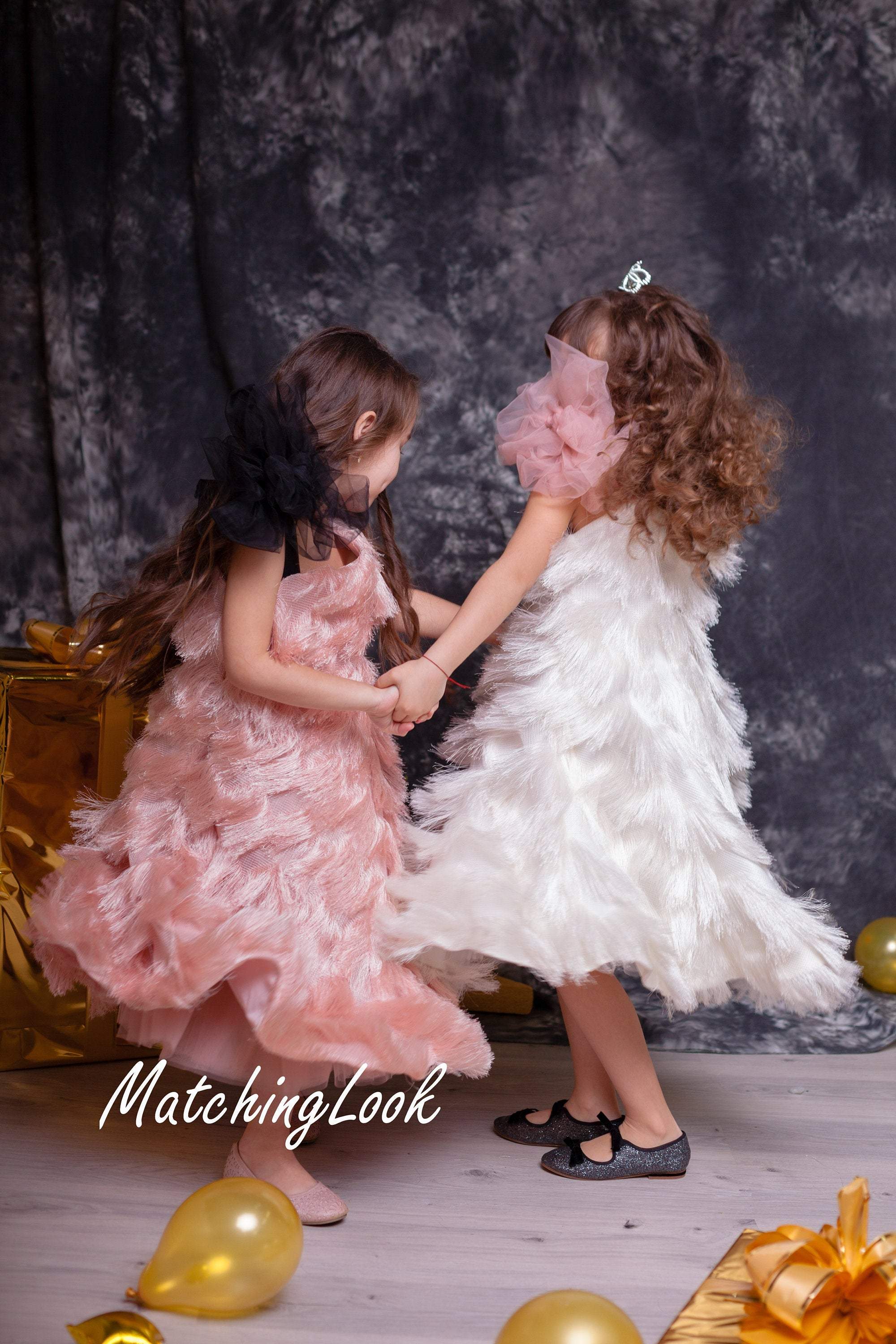 One Shoulder Flower Girl Dress, Blush Gold and Off White Tutu Flower Girl  Dress, Blush Gold Sequin Couture Gown, Rose Gold Dress