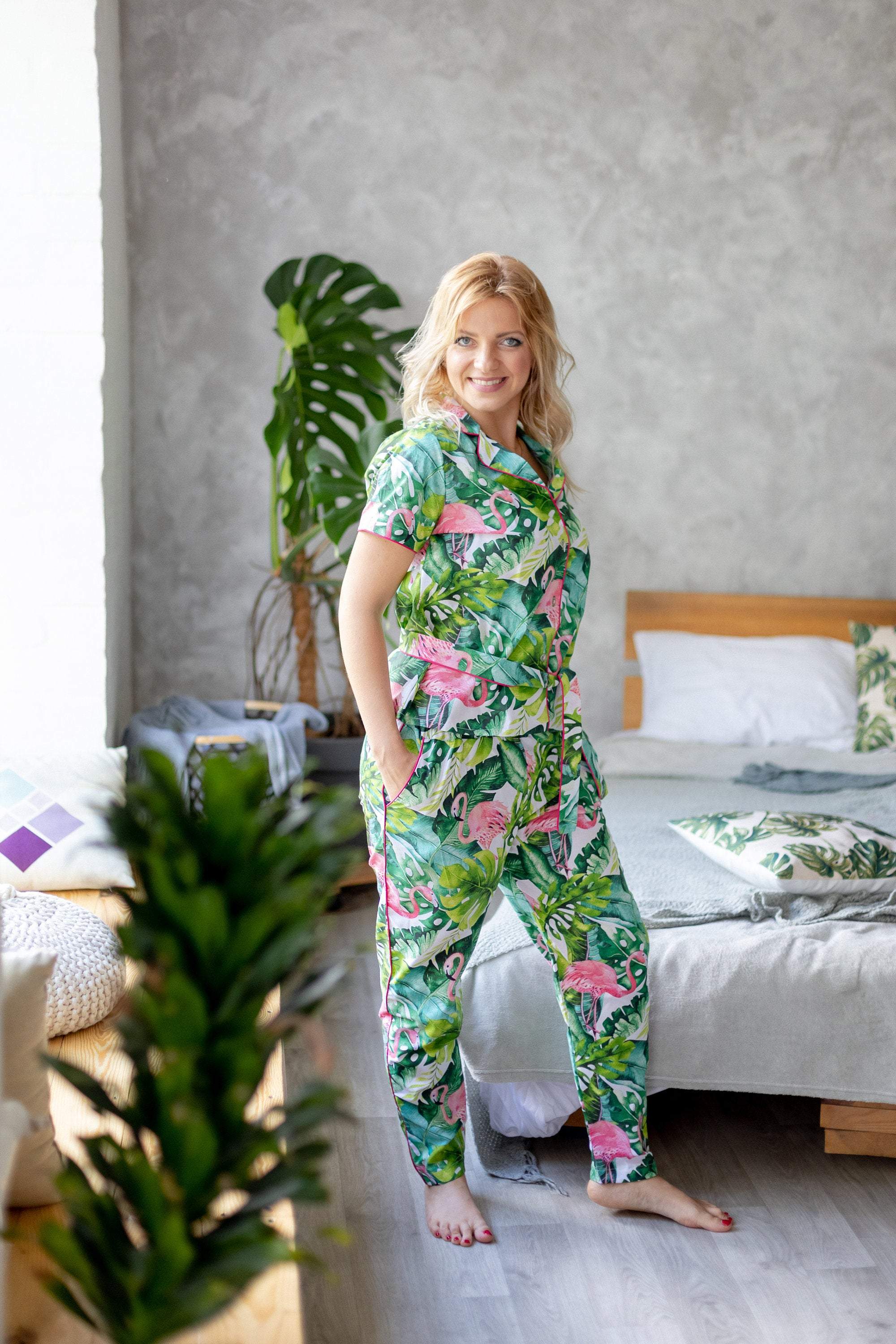 Women Pajama Set, Cotton Pajama, Tropical Print Pajama, Cozy Women Sle