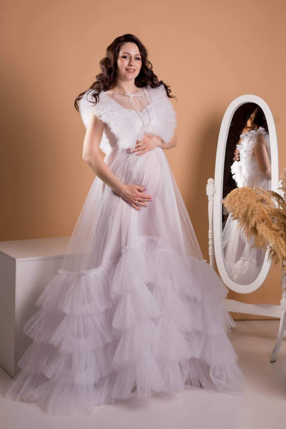 White Tulle Maternity Dress, Photoshoot Gown, White Sheer Dress, White