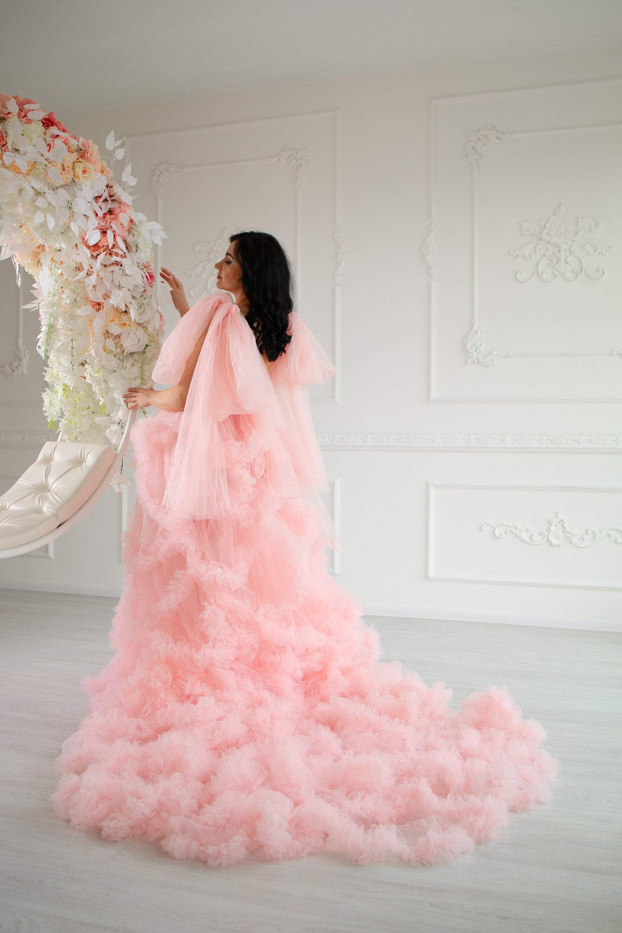 Matchinglook Pink Maternity Robe, Frilled Maternity Gown, Pink Tulle Robe, Maternity Photoshoot Robe, Boudoir Tulle Dress, Sheer Ruffle Gown Robe Cream / One Size