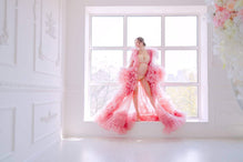 Matchinglook Pink Maternity Robe, Frilled Maternity Gown, Pink Tulle Robe, Maternity Photoshoot Robe, Boudoir Tulle Dress, Sheer Ruffle Gown Robe Hot Pink / One