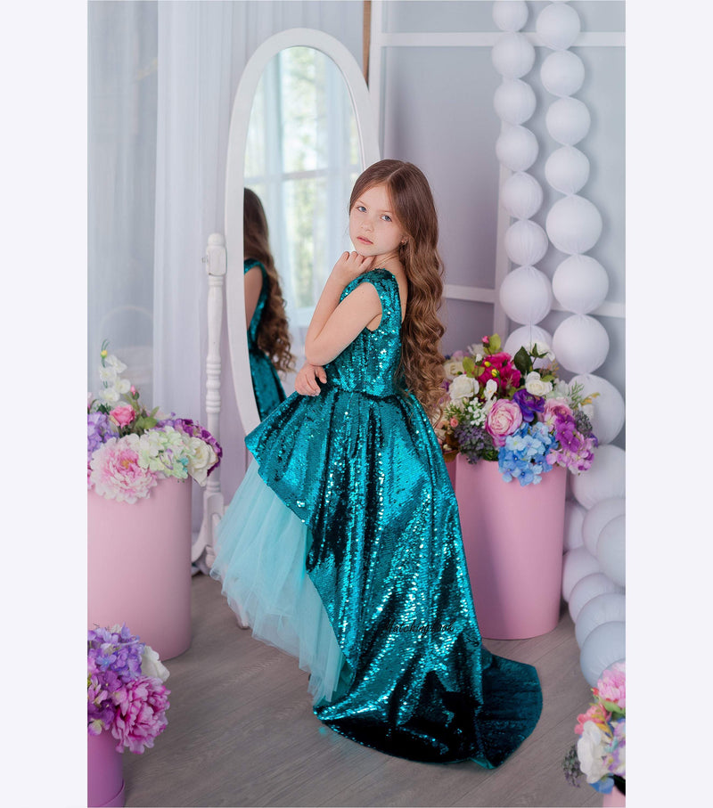 Little Mermaid Dress Girl Ariel Dress Blue Sequin Dress High Low Dr