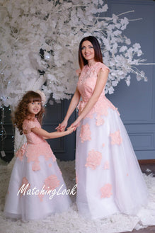 Matching mother daughter wedding fit and flare dresses in white color