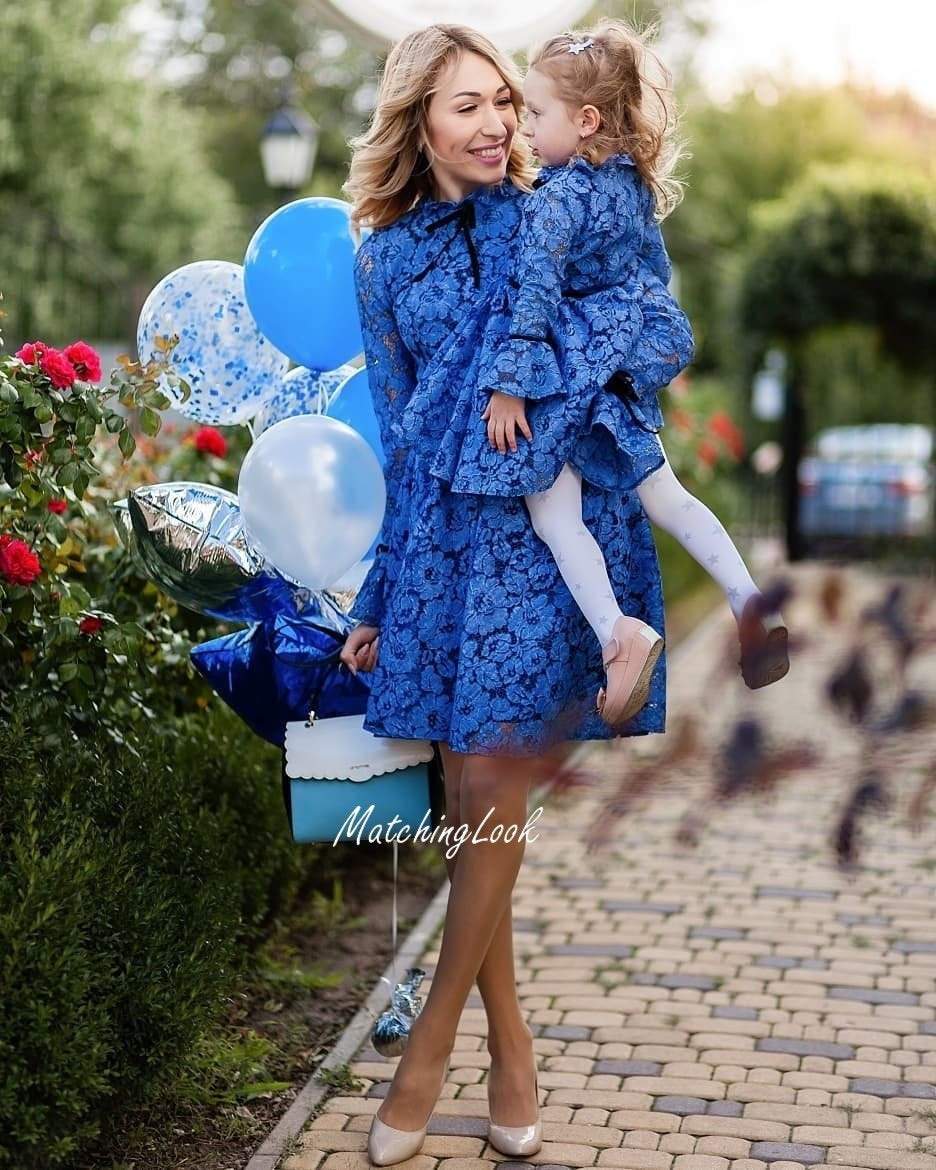 Mother Daughter Matching Dress - Blue Mommy and Me Outfits - Lace Matc