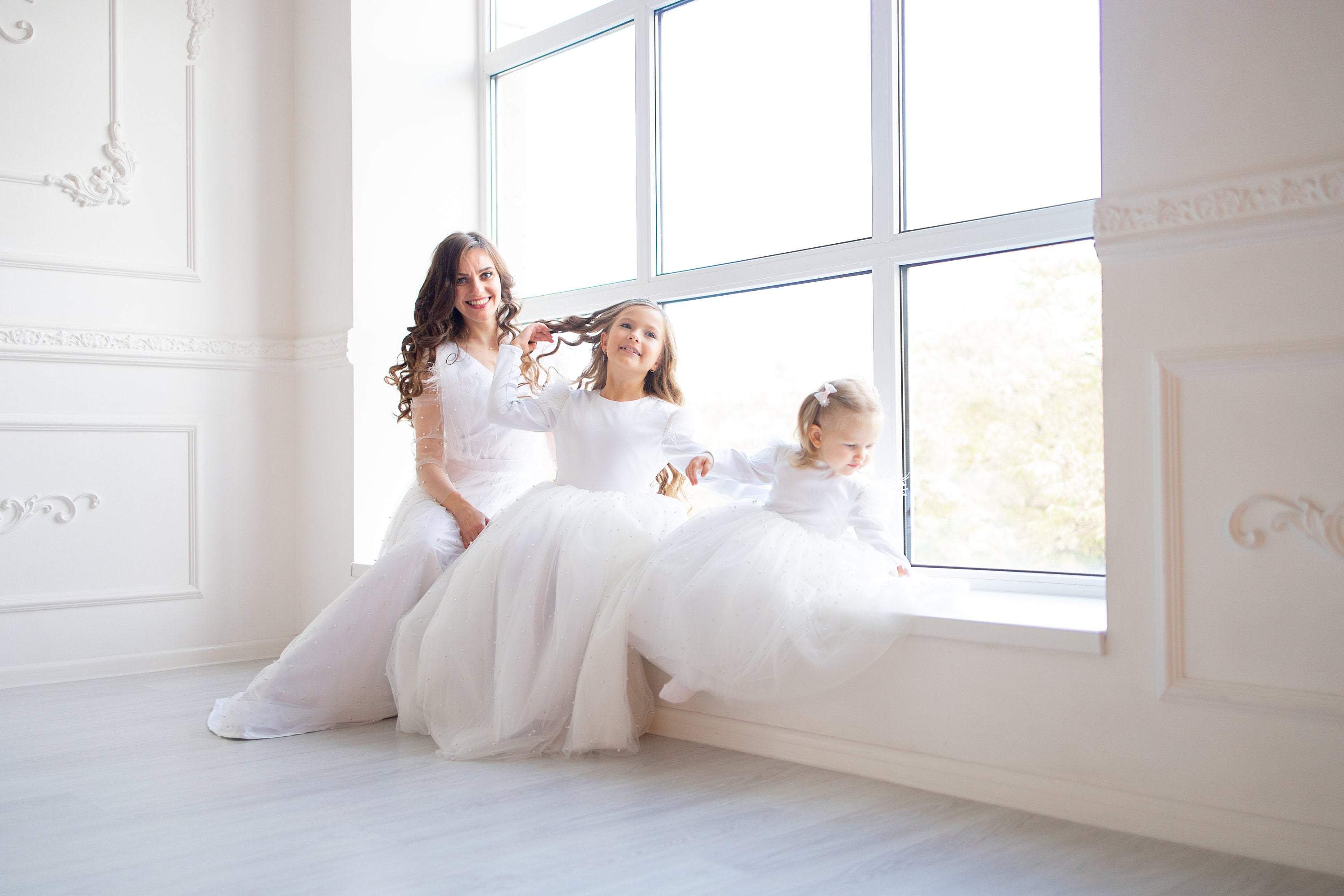 bride and daughter matching wedding dresses