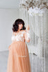 Nude/tan maternity tulle sleeved lace dress decorated with embroidery