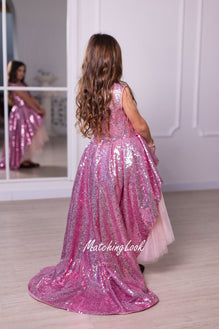 Pink princess high low girl dress with train - flower girl dress tulle