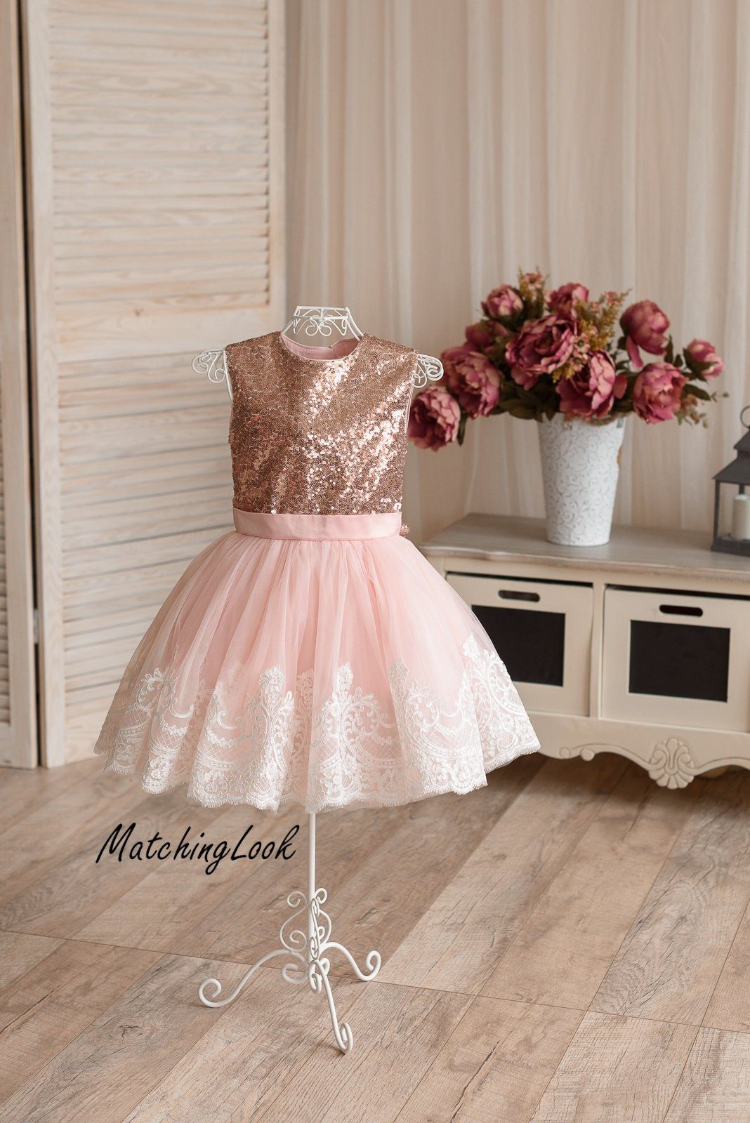 Matchinglook Rose Gold Flower Girl Dress with Lace Trim 7 / Rose Gold